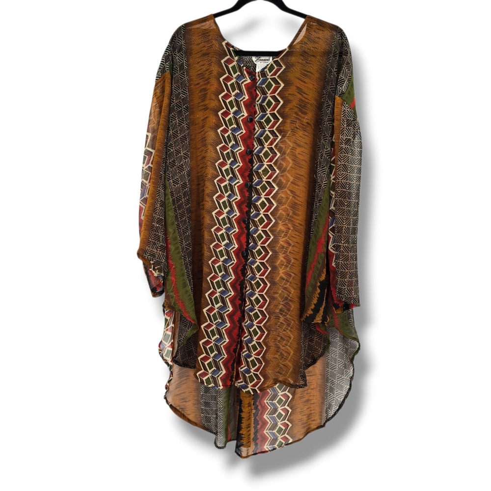 Zanana by Saraf Plus Size Sheer Geometric Tribal Print High Low Tunic Top Brown